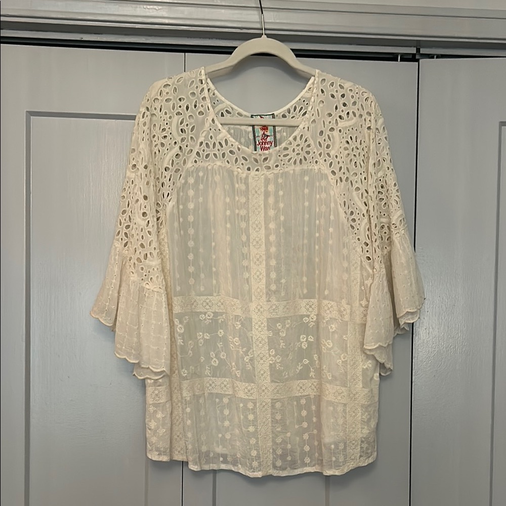 Johnny Was Cream Flutter Sleeve Tunic with Ruffled Details